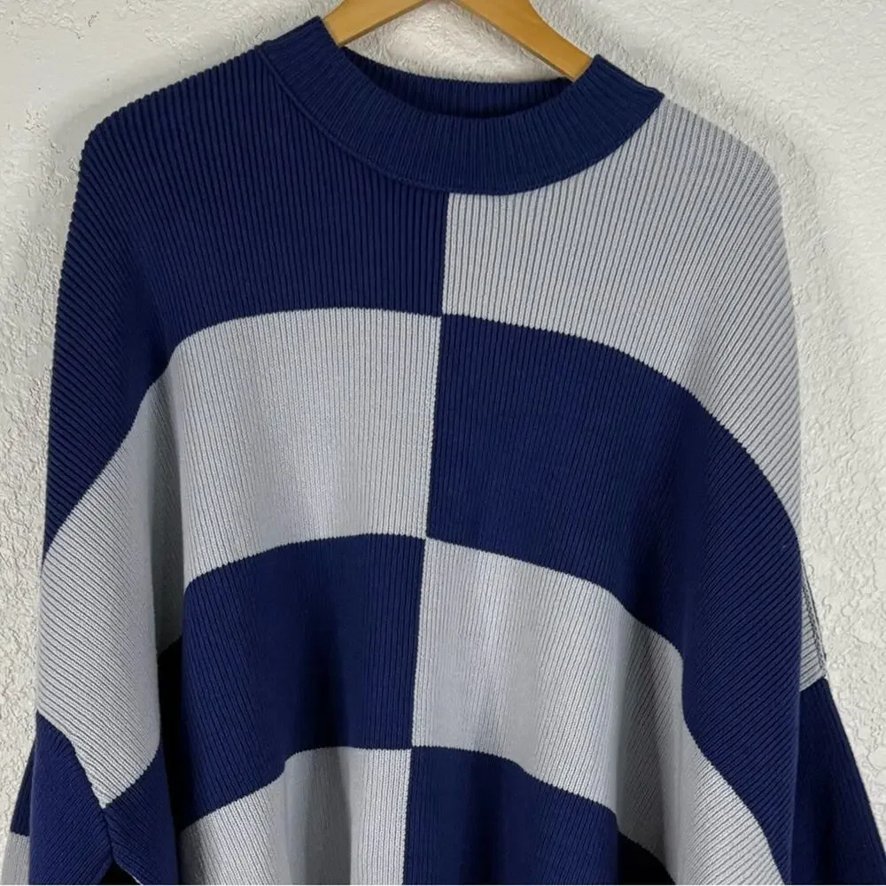 NWT Free People Easy Street Checkered Tunic Sweater in Blue Bohemian Oversized